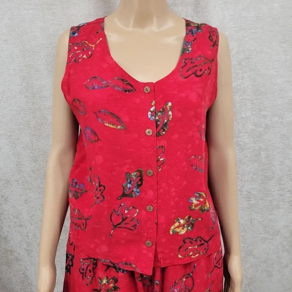 Young Fashion Vintage Red Patterned Culottes and Sleeveless Top Matching Set